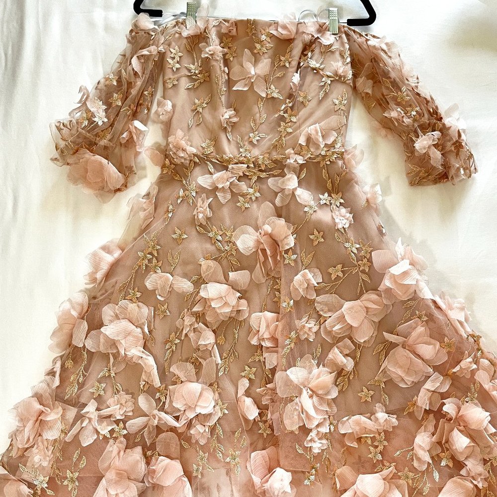 MARCHESA NOTTE  3D FLORAL DRESS IN BLUSH